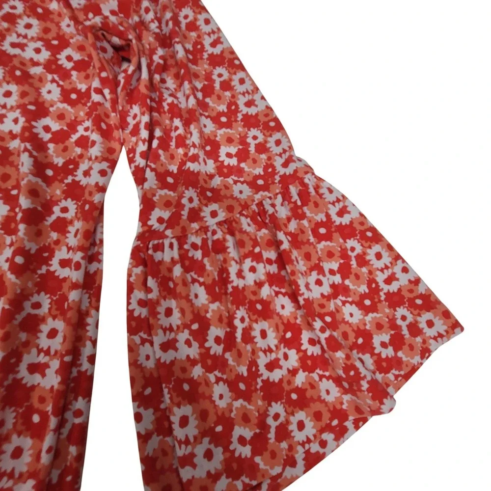 Michael Kors Floral Print Bell Sleeve Dress Womens Red Orange‎